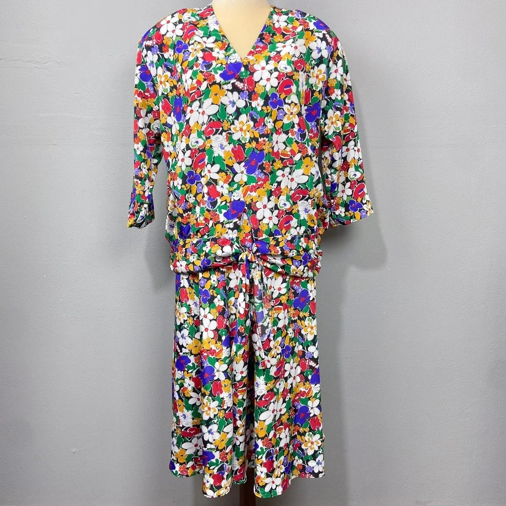 Vintage Cos Cob Floral Dress Size L Colorful Flowers Tie Waist Retro 2 Piece Set
